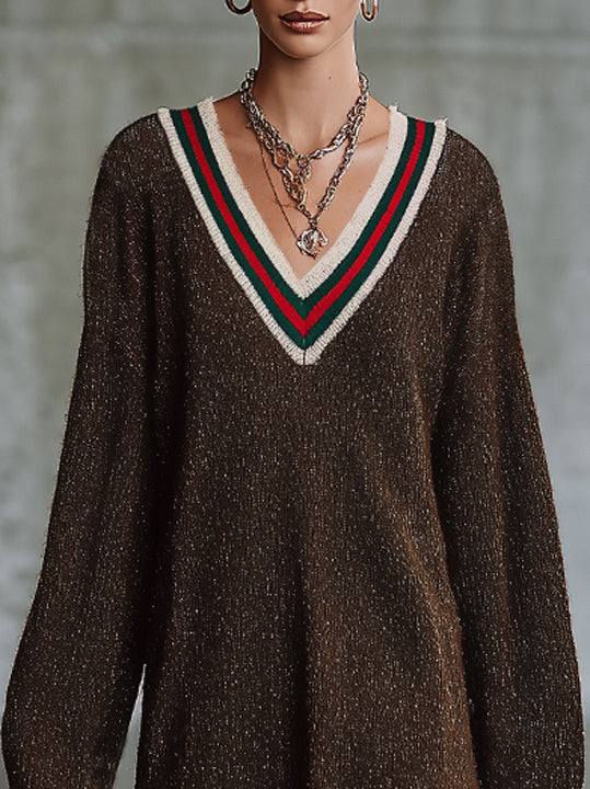 Brown Knit Sweater Dress With Striped Trim And Fringe Hem