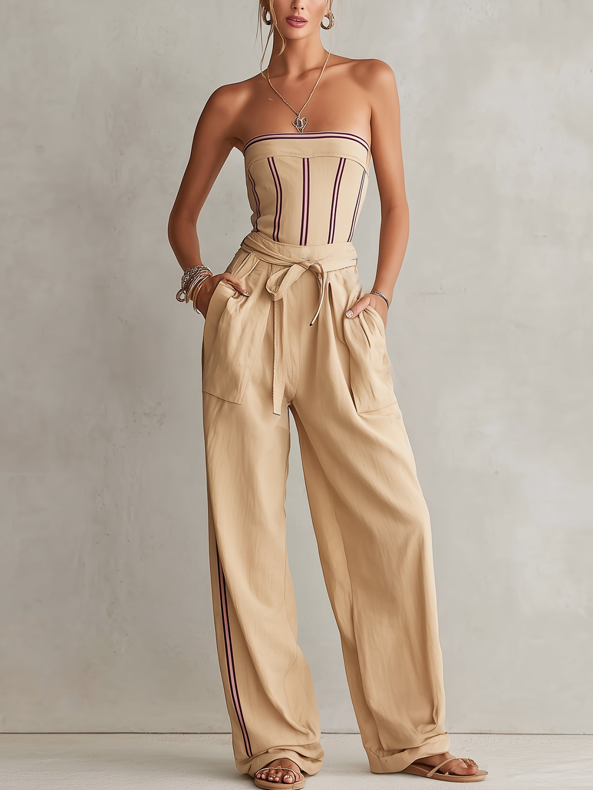Khaki Striped Strapless Belted Wide-Leg Jumpsuit