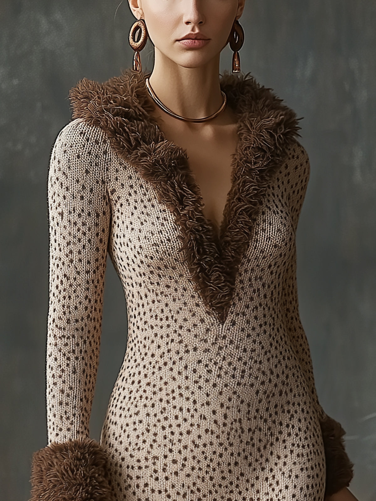 Beige Speckled Knit Faux Fur Trim Deep V-Neck Long Sleeve Midi Dress