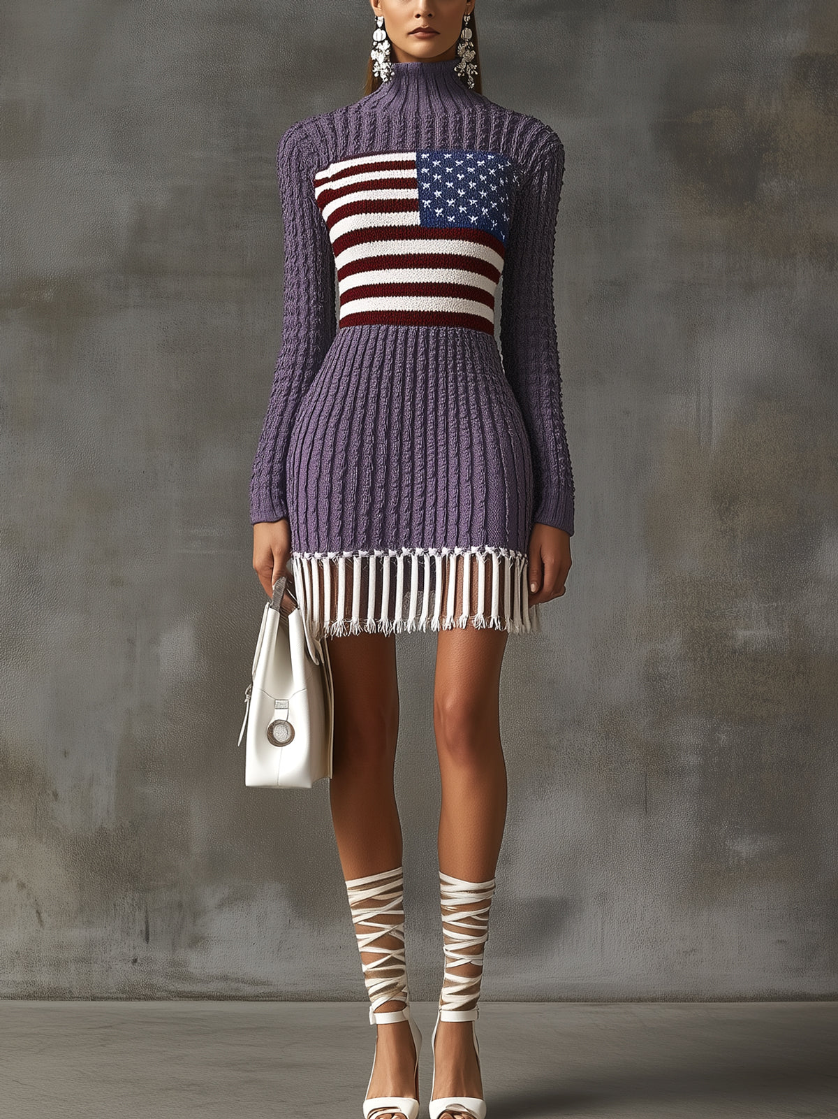 Purple Ribbed Knit American Flag Motif High Neck Long Sleeve Mini Dress