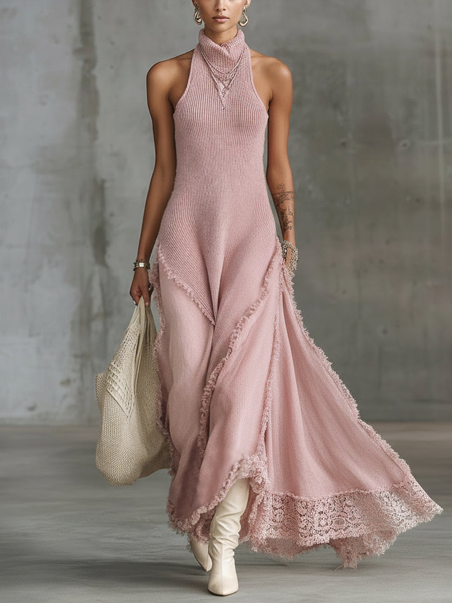 Pink Sleeveless High Neck Lace-Trim Knit Maxi Dress