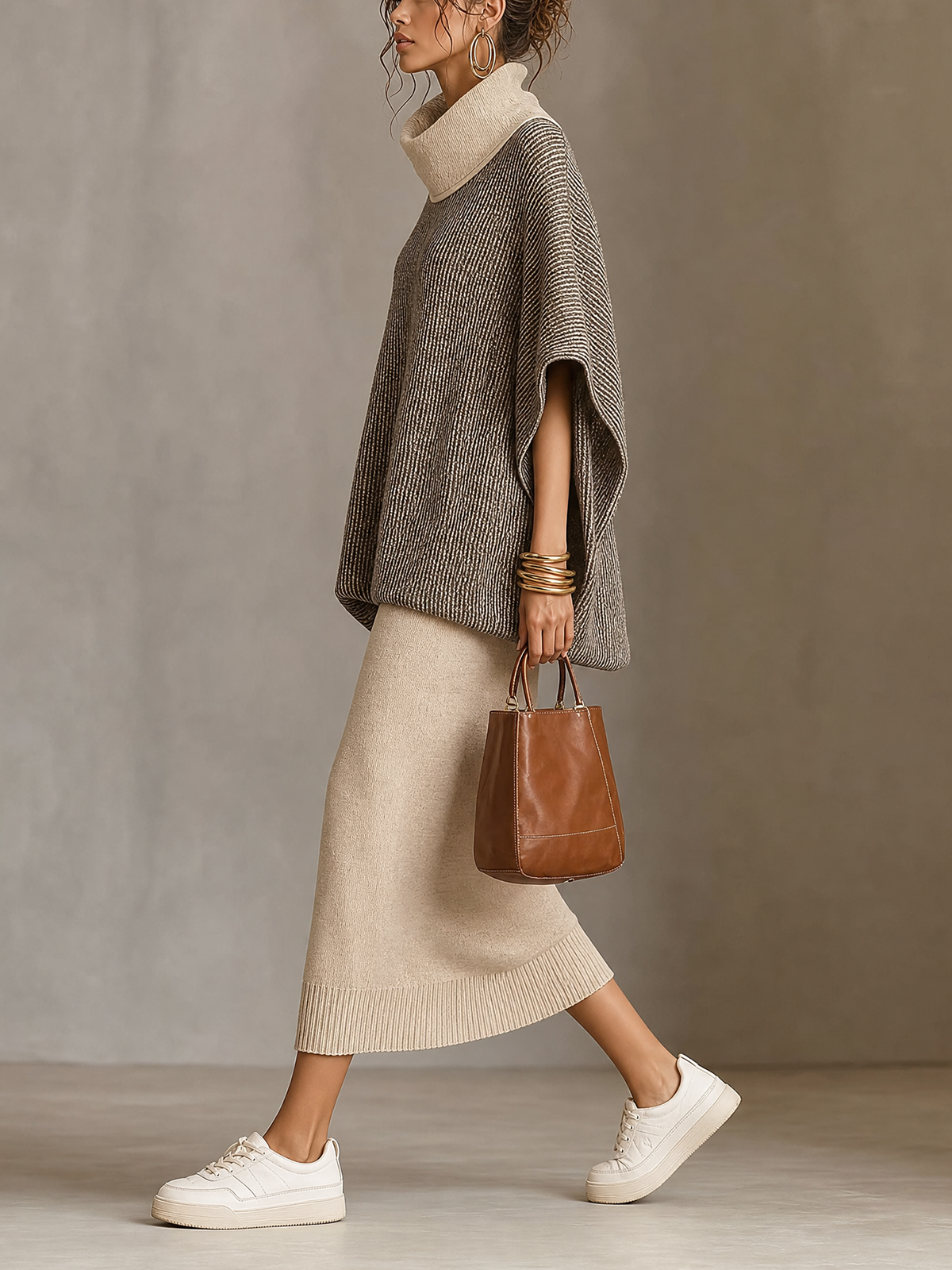 Two‑Tone Cowl Neck Knit Top & Beige Midi Skirt Set