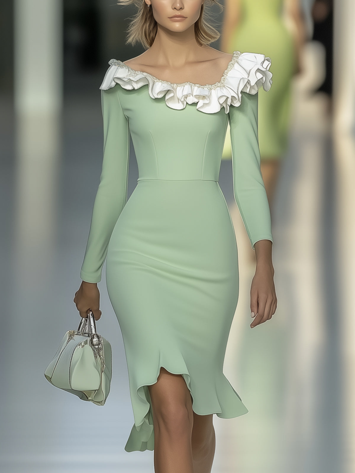 Light Green Bodycon Dress With Ruffled Neckline And Mermaid Hem