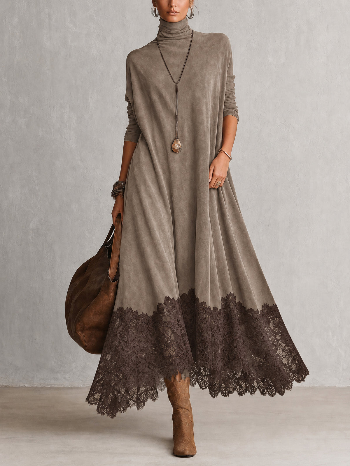 Vintage Brown Suede Feel Long Sleeve Lace Hem Maxi Dress