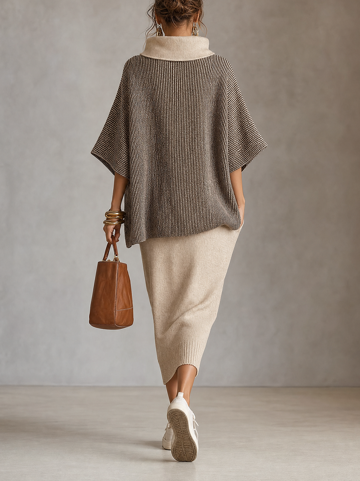 Two‑Tone Cowl Neck Knit Top & Beige Midi Skirt Set