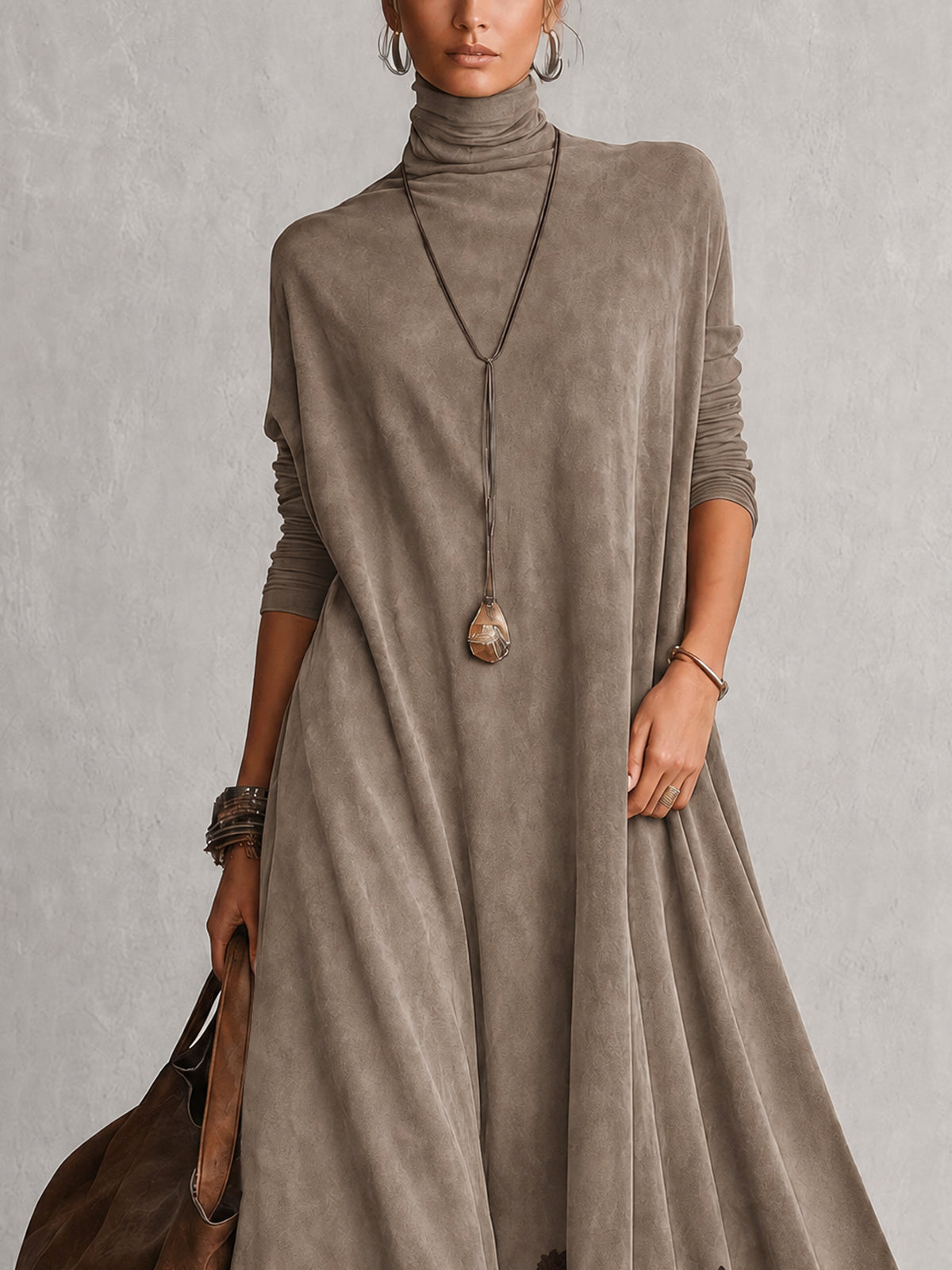 Vintage Brown Suede Feel Long Sleeve Lace Hem Maxi Dress