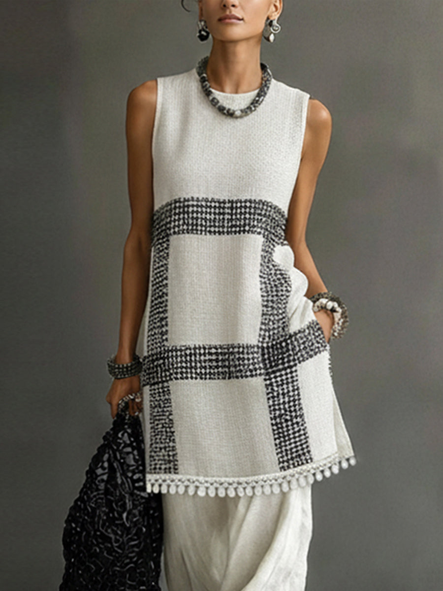 Beige Lightweight Knitted Sleeveless Top With Tassel Hem