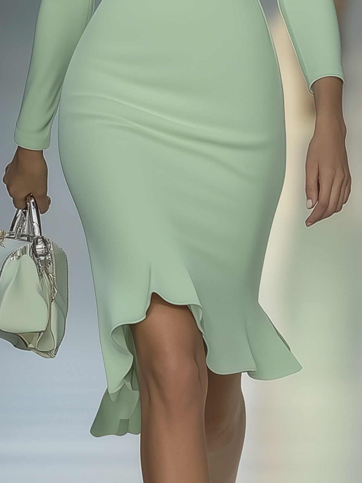 Light Green Bodycon Dress With Ruffled Neckline And Mermaid Hem