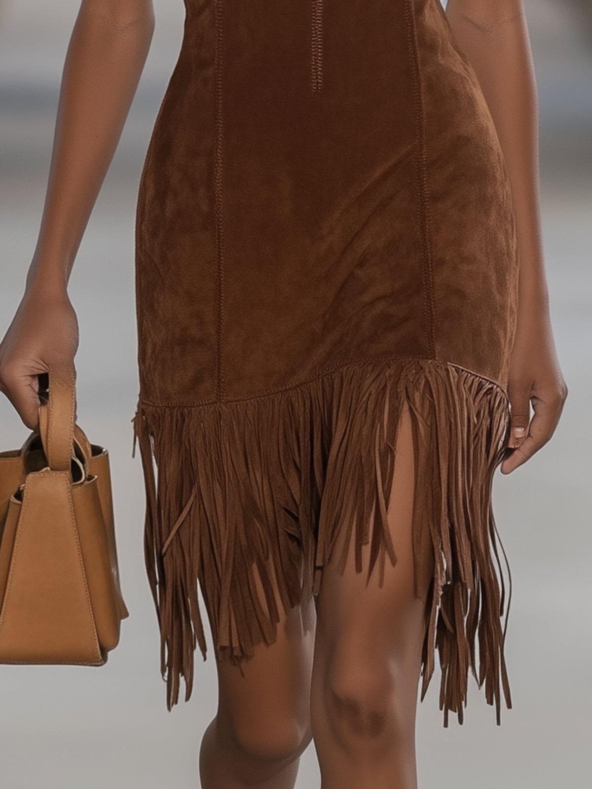 Suede-Like V-Neck Sleeveless Fringe Hem Dress