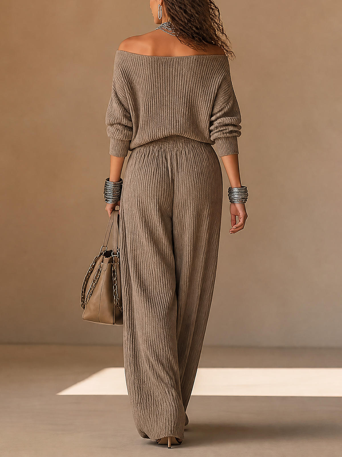 Taupe Ribbed Knit Off‑The‑Shoulder Wide‑Leg Jumpsuit