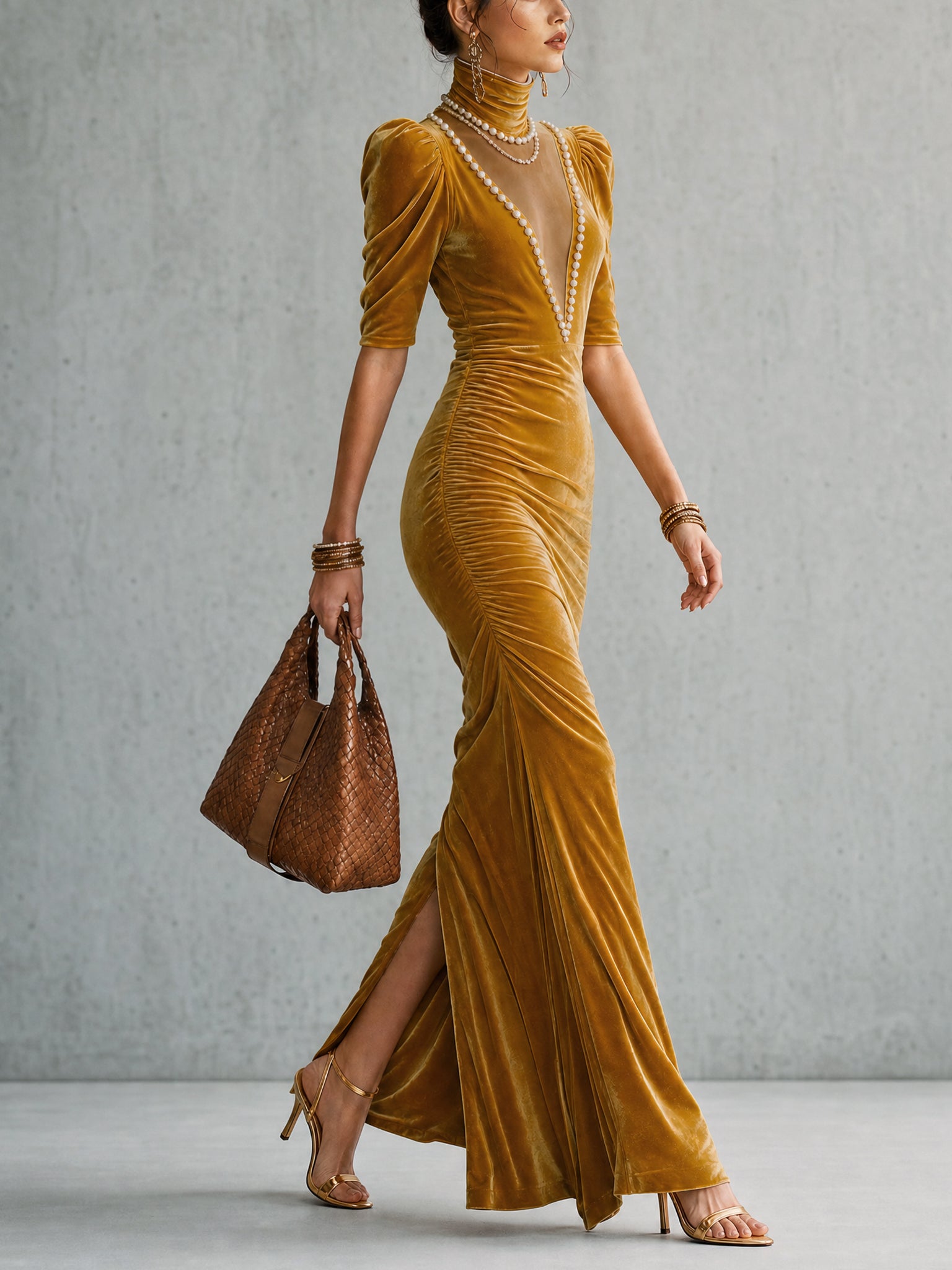 Yellow Stretch Velvet Faux Pearl Bodycon Maxi Dress