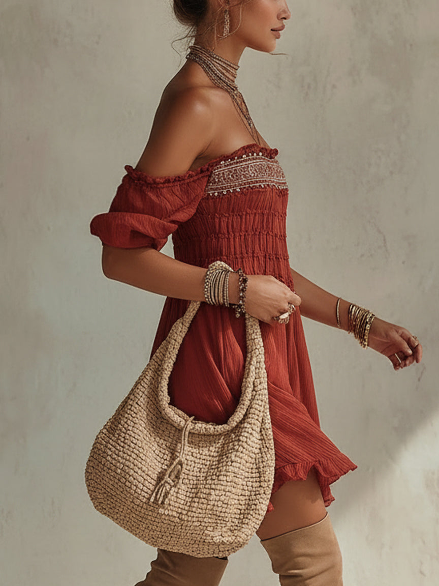 Vintage Red Chiffon Embroidered Mini Dress