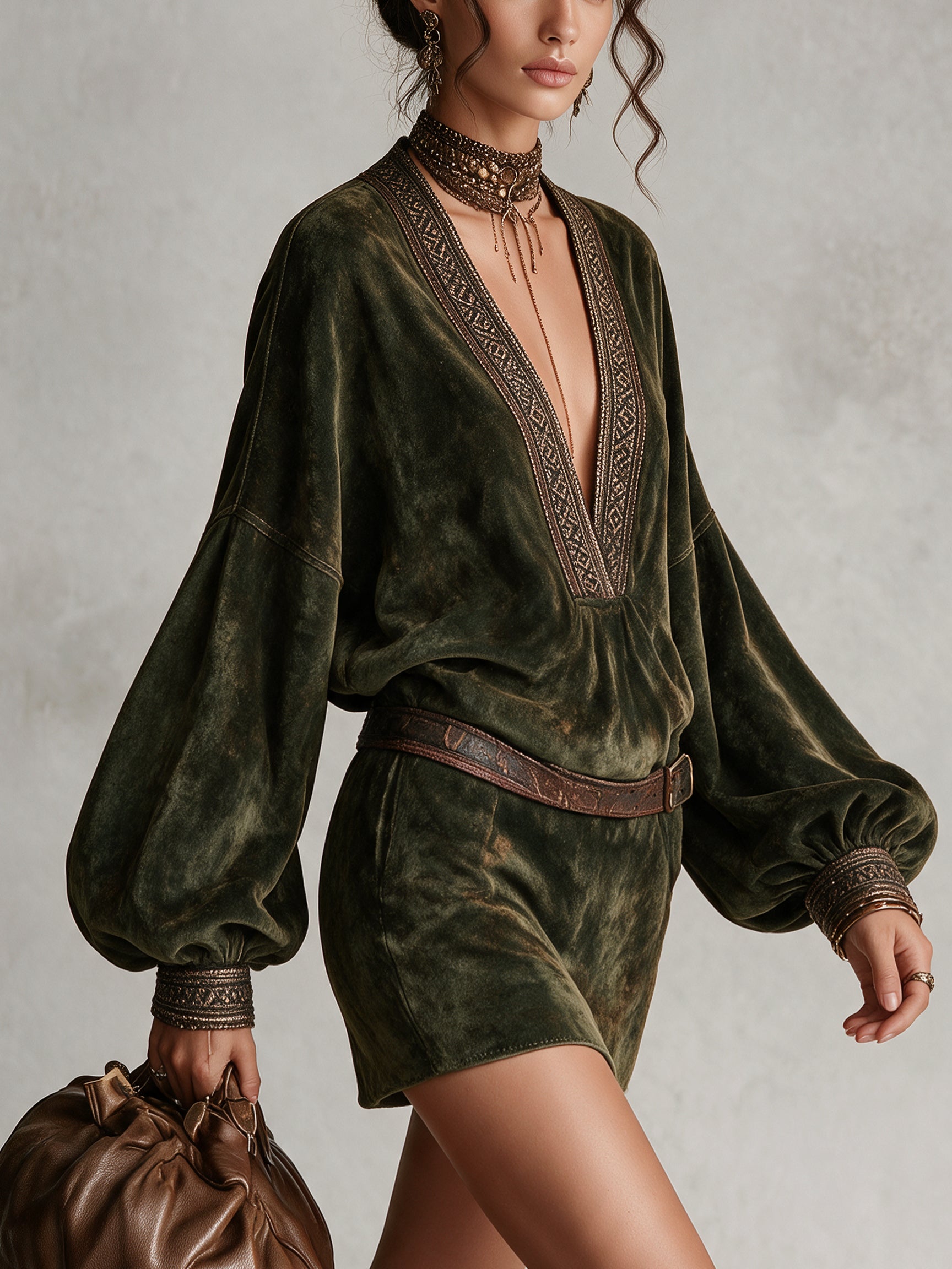 Vintage Olive Faux Suede Deep V-Neck Mini Dress