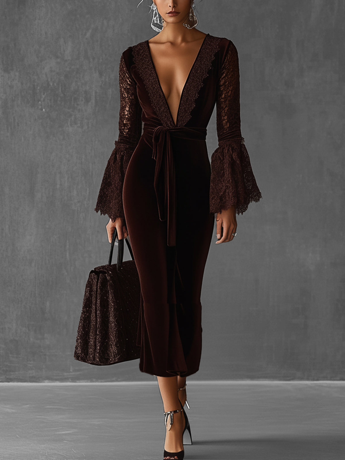 Deep Brown Velvet Plunge Neck Dress With Lace Bell Sleeves