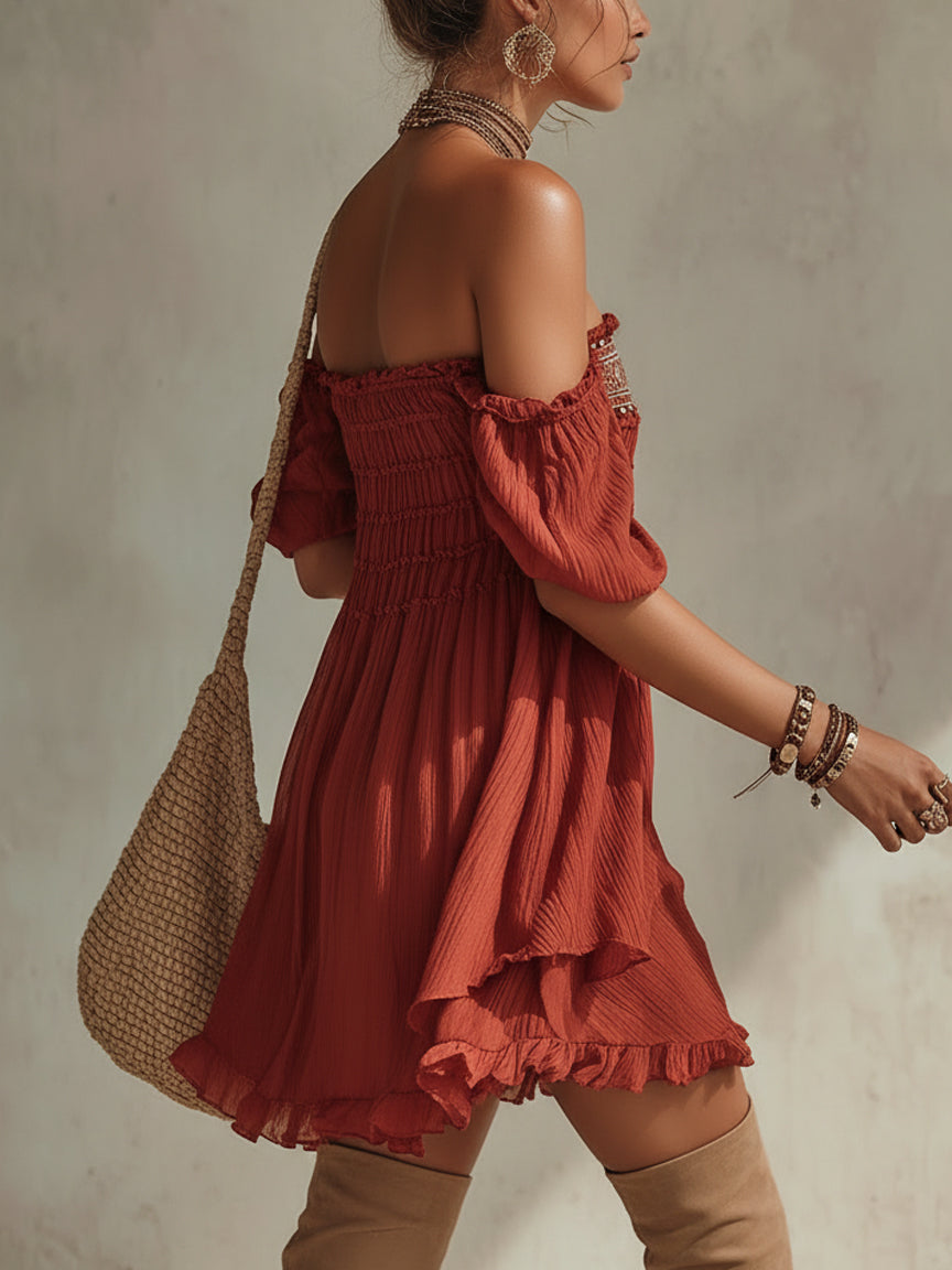 Vintage Red Chiffon Embroidered Mini Dress