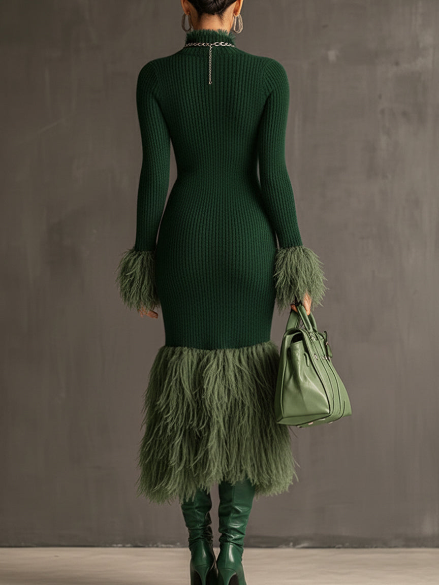 Emerald Knit Patchwork Eco Faux Fur Long Sleeve Bodycon Dress