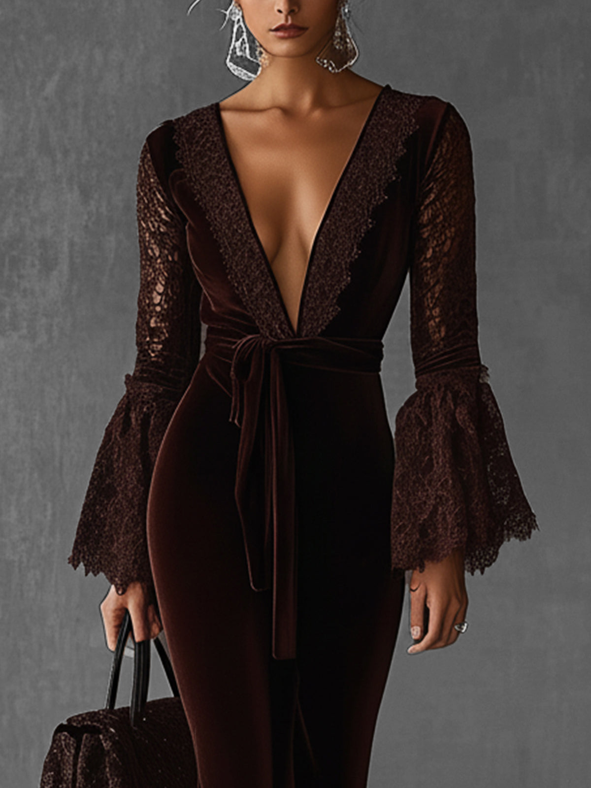 Deep Brown Velvet Plunge Neck Dress With Lace Bell Sleeves