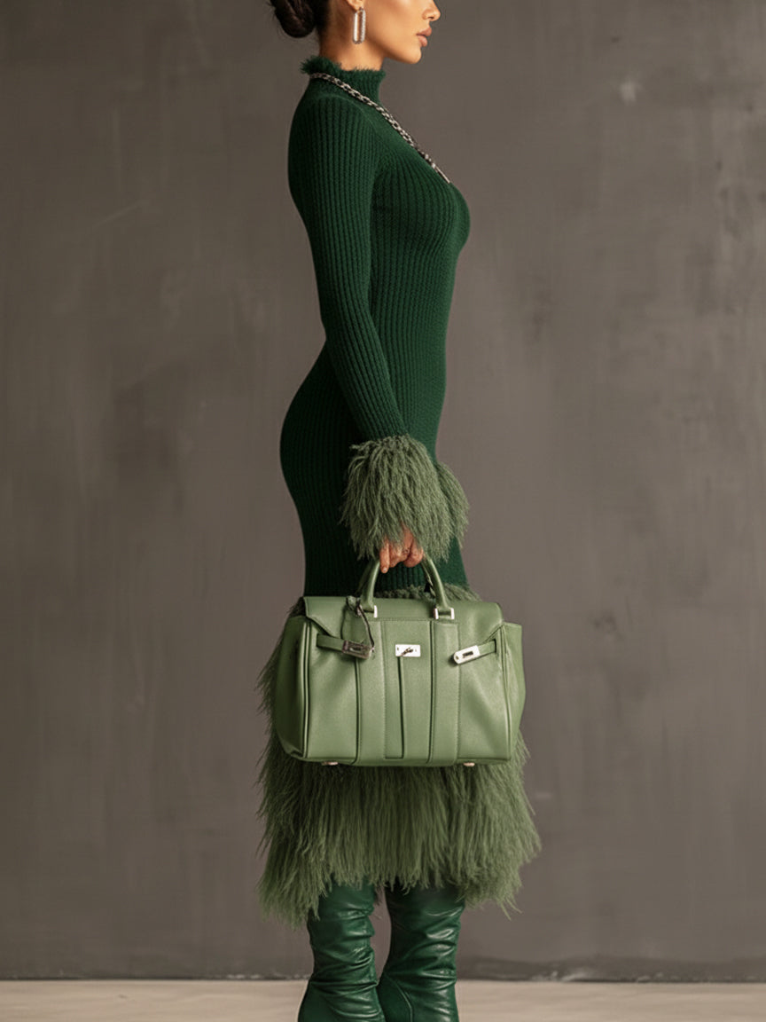 Emerald Knit Patchwork Eco Faux Fur Long Sleeve Bodycon Dress