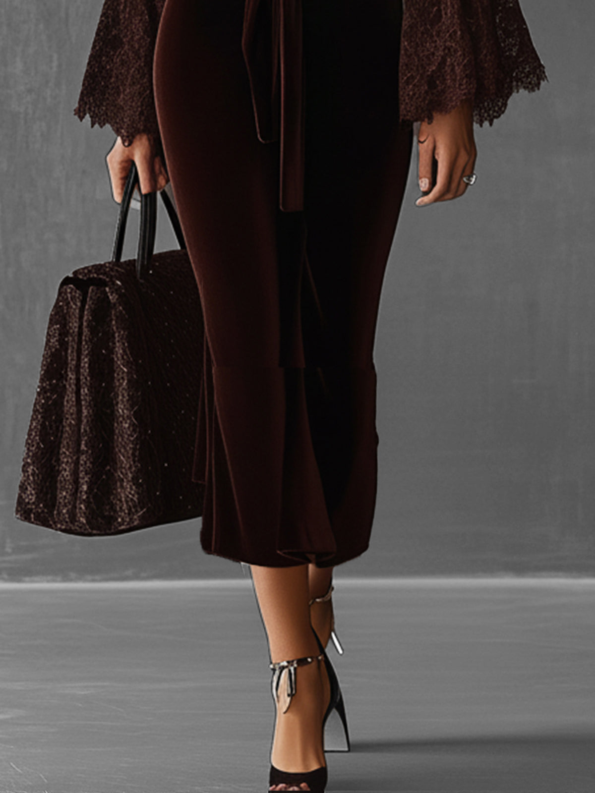Deep Brown Velvet Plunge Neck Dress With Lace Bell Sleeves