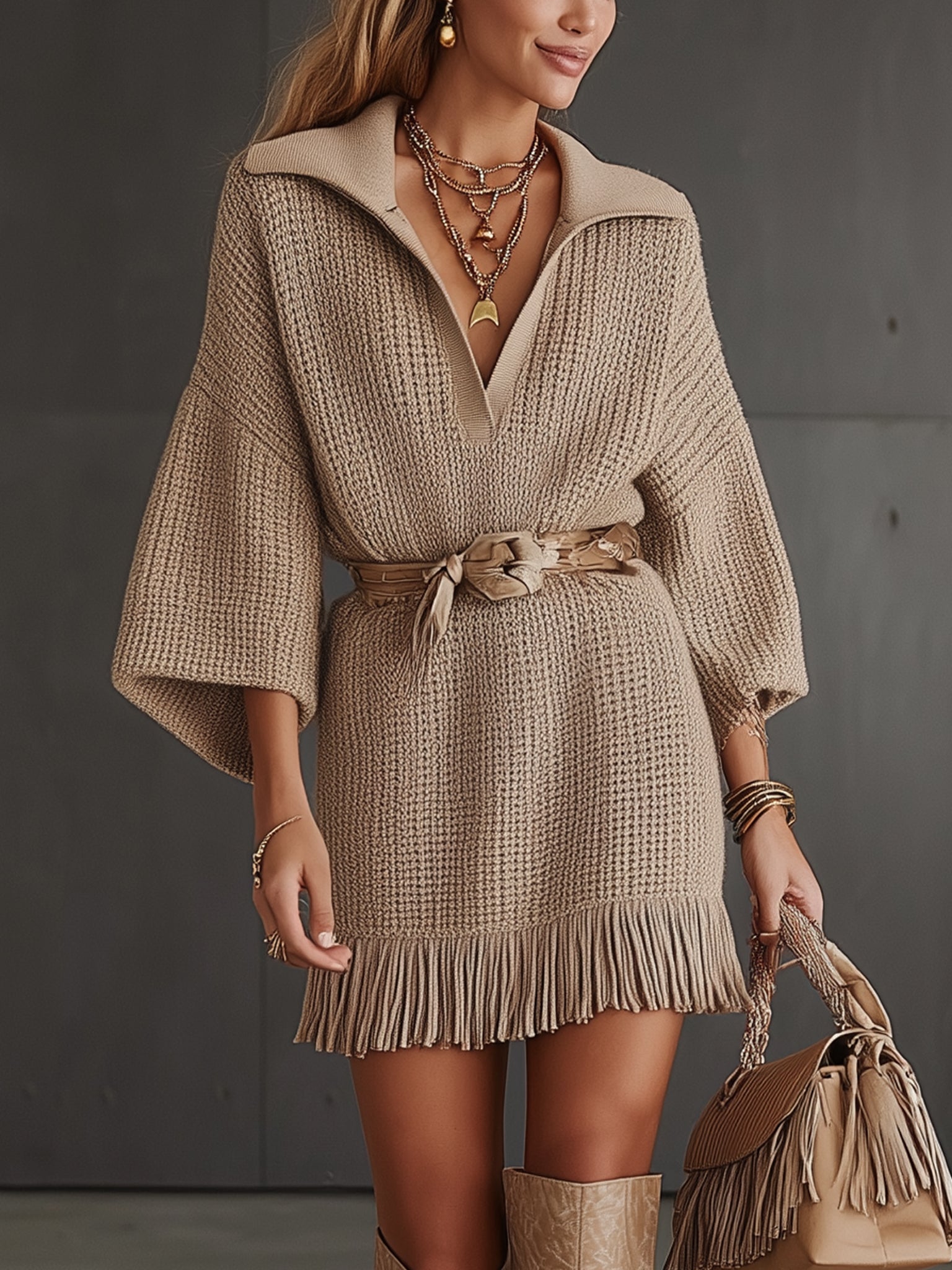 Beige Knit Fringe Belted Long Sleeve Mini Dress