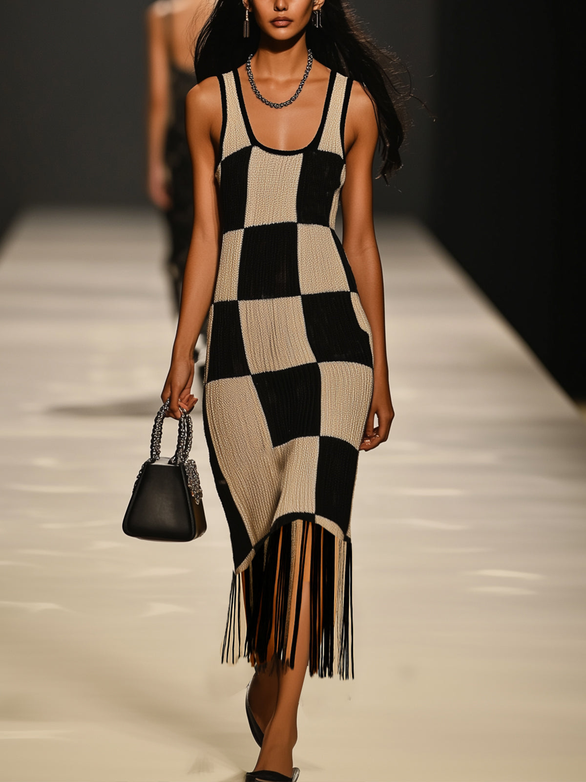 Black And Beige Checkered Knit Midi Dress With Fringe Hem