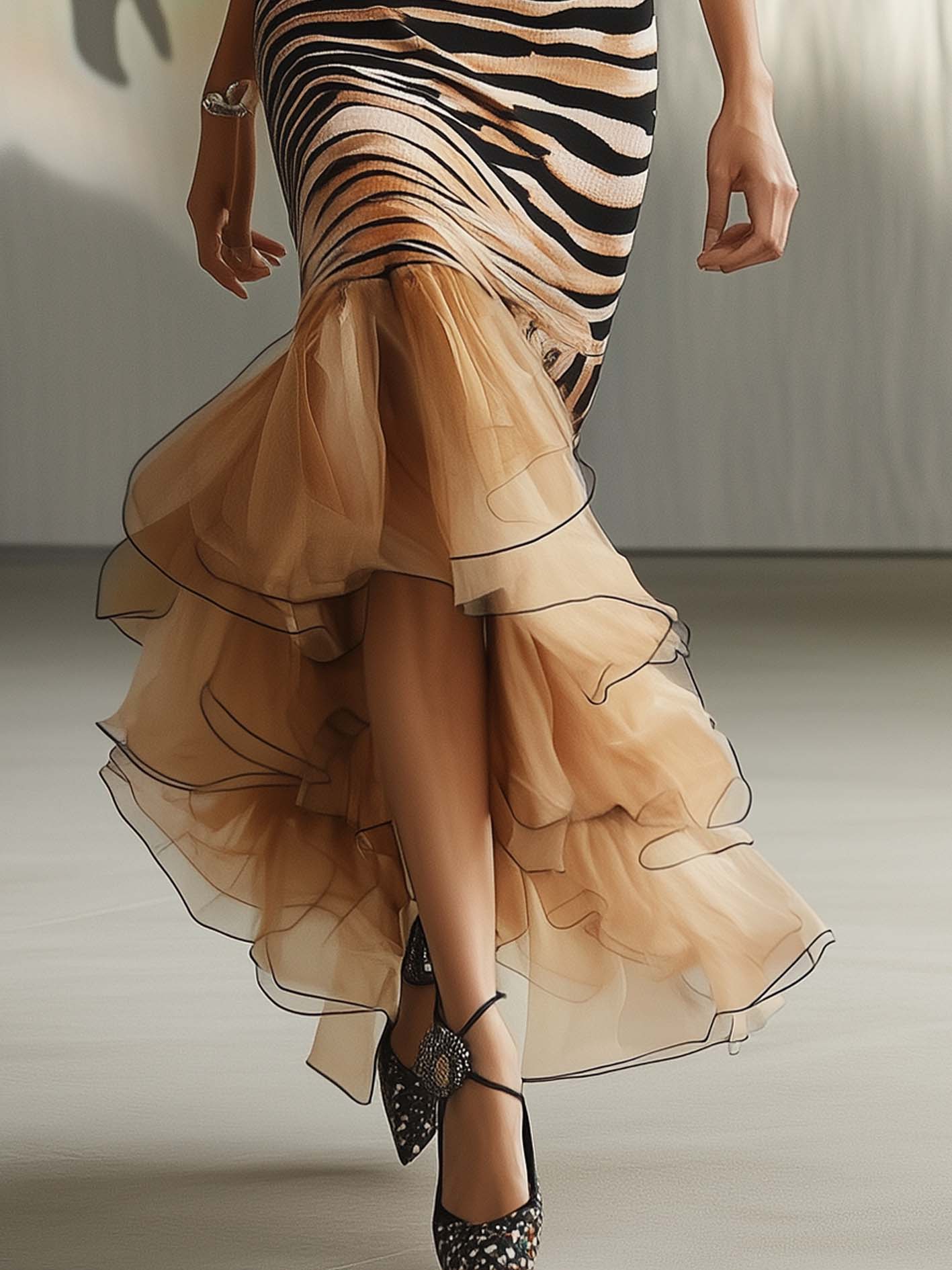 Brown Midi Bodycon Dress With Zebra Print And Mesh Hem