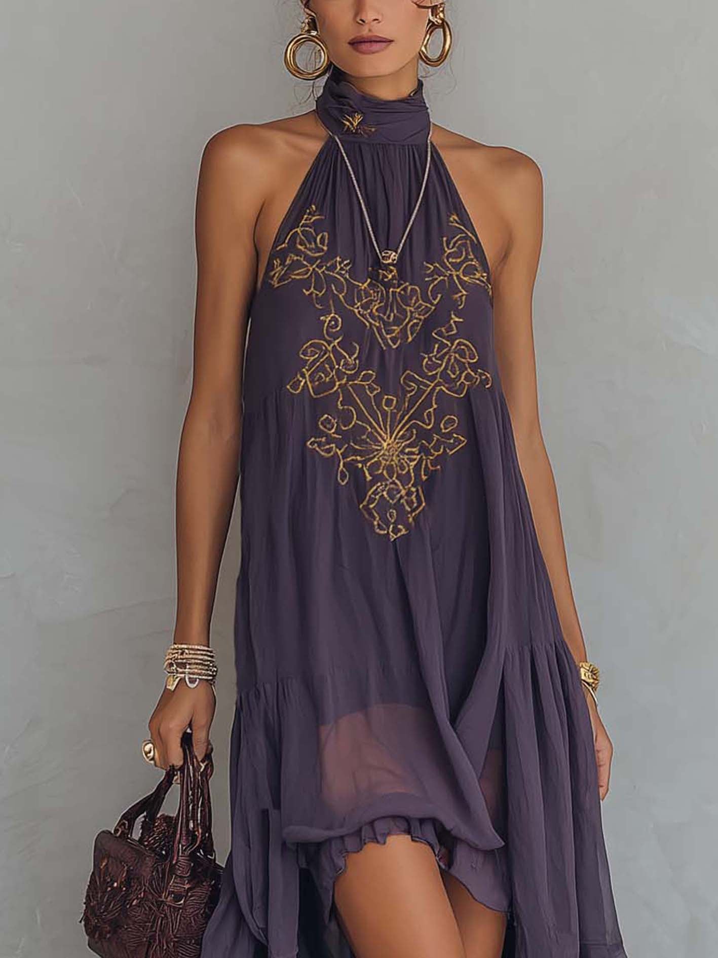 Lavender Purple Chiffon Maxi Dress Vintage Baroque Embroidered