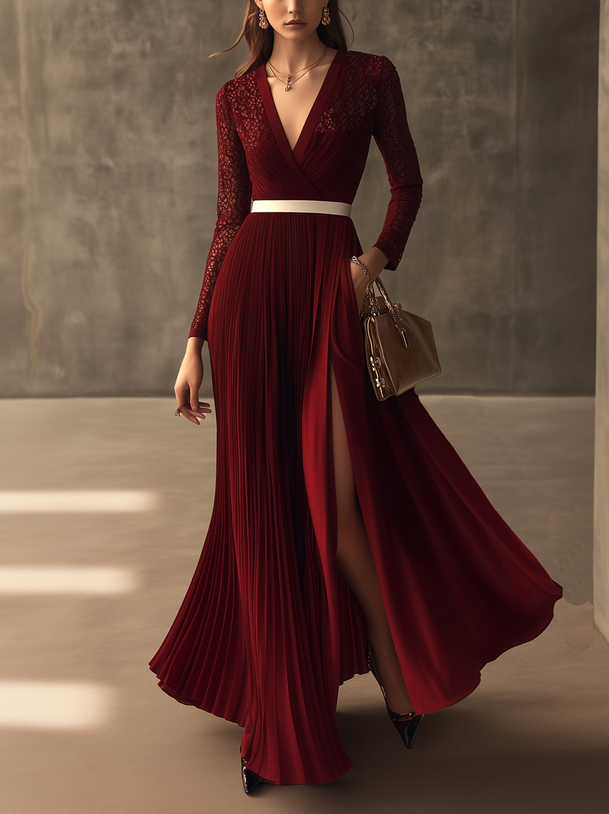 Red Lace Panel Pleated Slit V-Neck Long Sleeve Maxi Dress