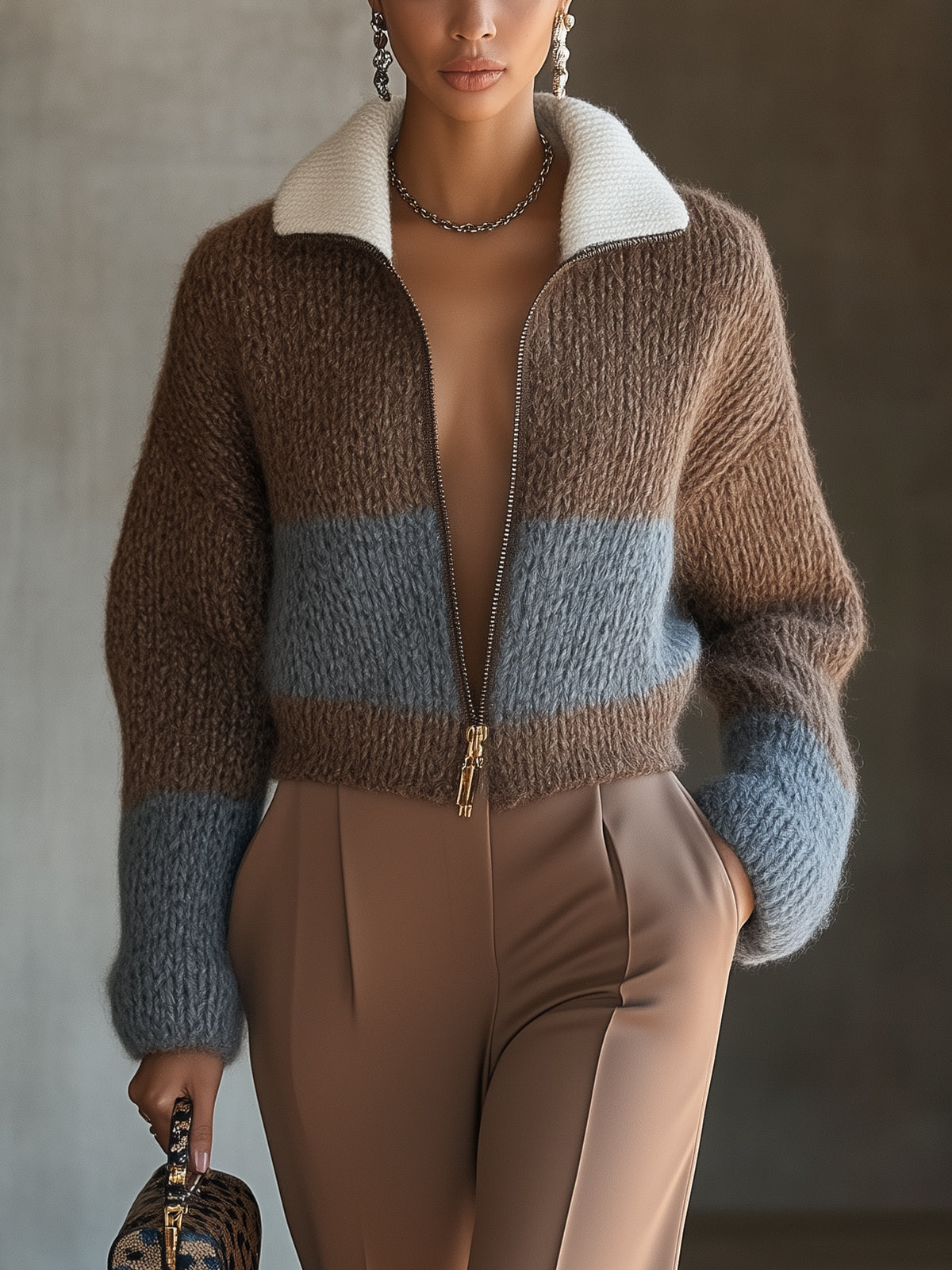 Two Tone Cozy Zip Up Knit Jacket