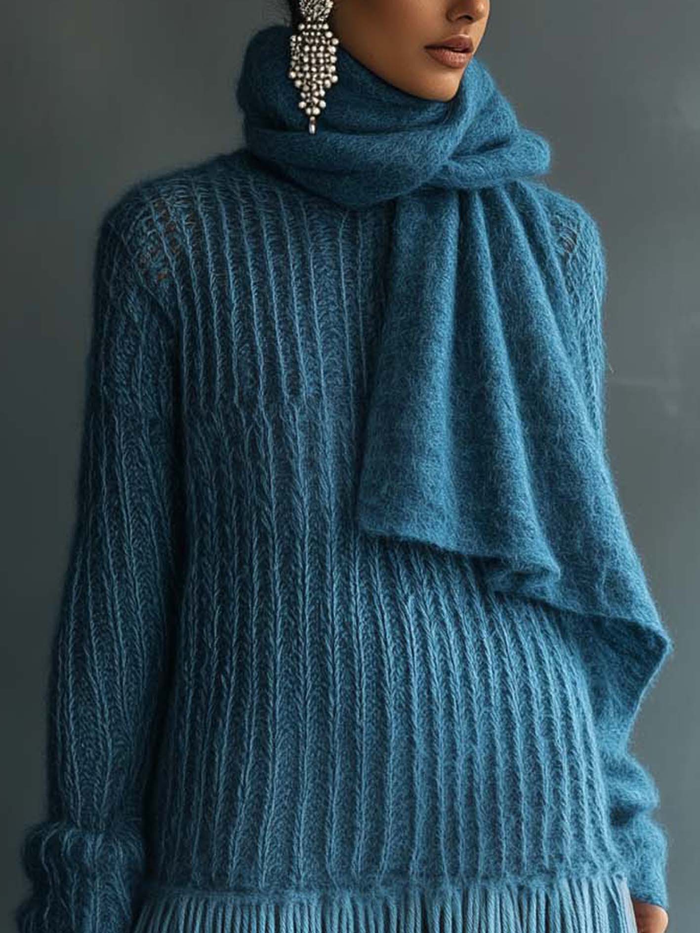 Blue Knitted Mini Dress With Tassels And Scarf Design