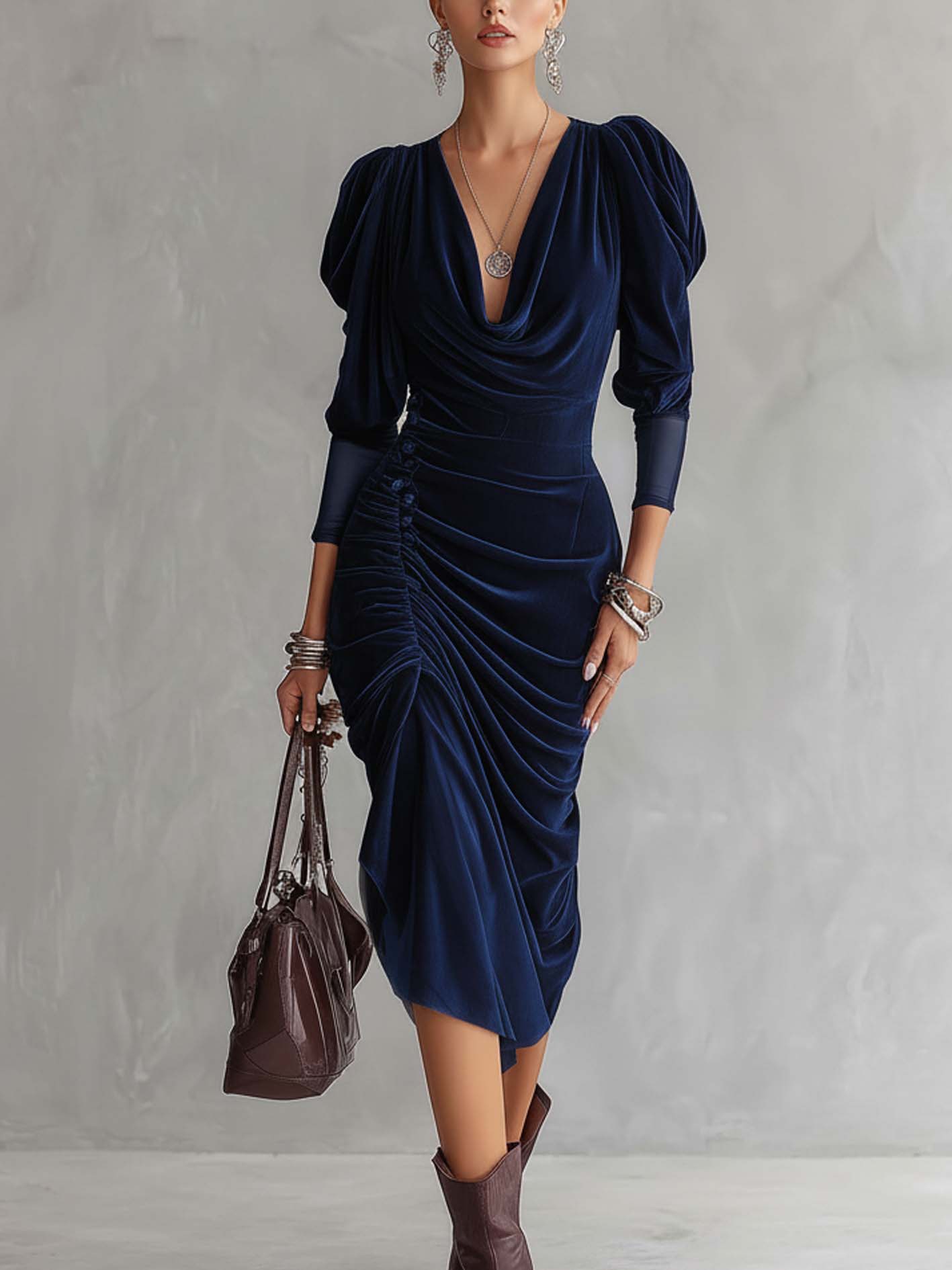 Navy Velvet Cowl Neck Ruched Bodycon Dress