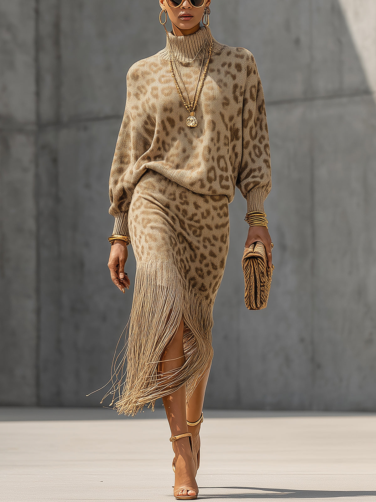 Khaki Leopard Print Knit Turtleneck Fringe  Midi Dress