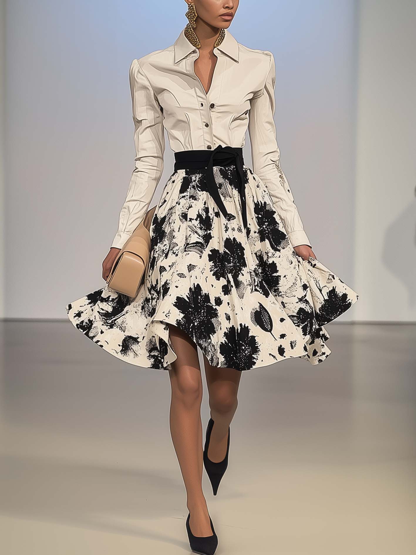 Gray Midi Shirt Dress With Patchwork And Black Floral Print
