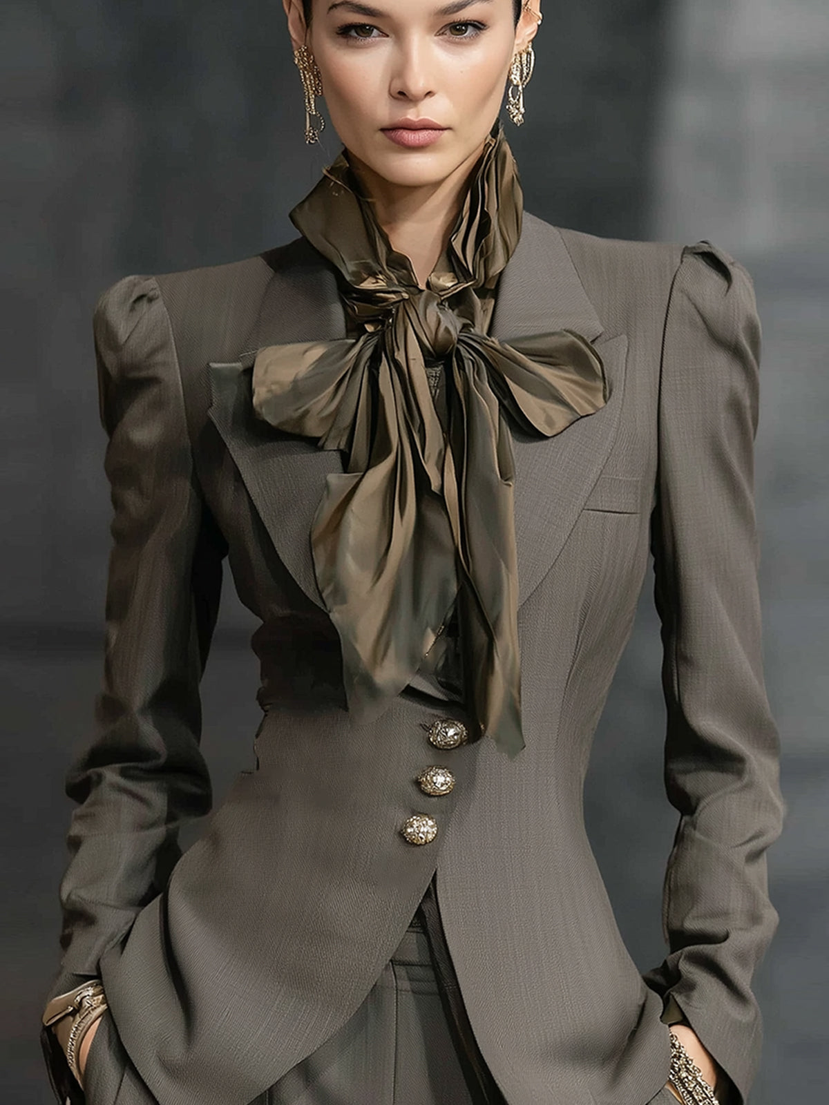 Olive Gray Thin Fit Blazer With Vintage Button Up Design