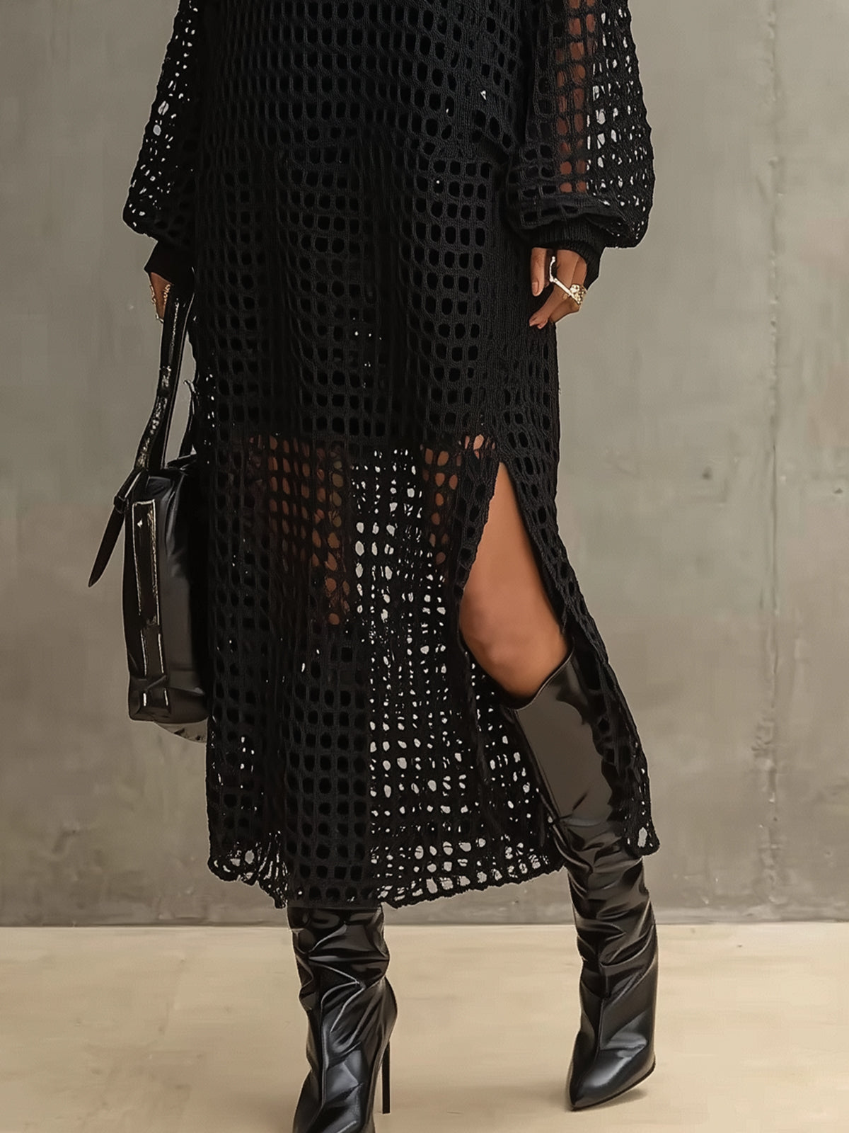 Black Fishnet Long-Sleeve Knit Maxi Dress Set