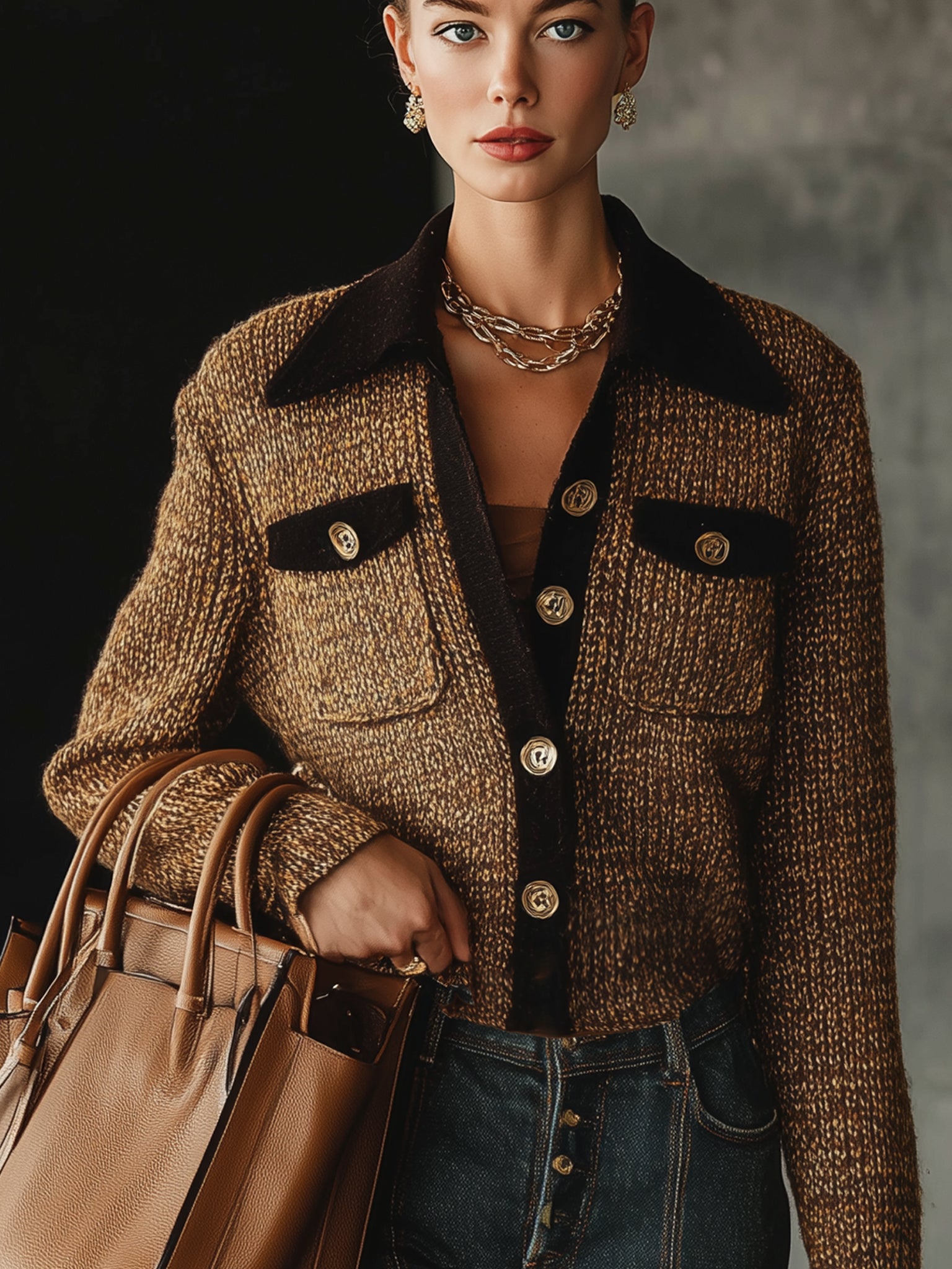 Mocha Tweed Button Up Knit Cardigan