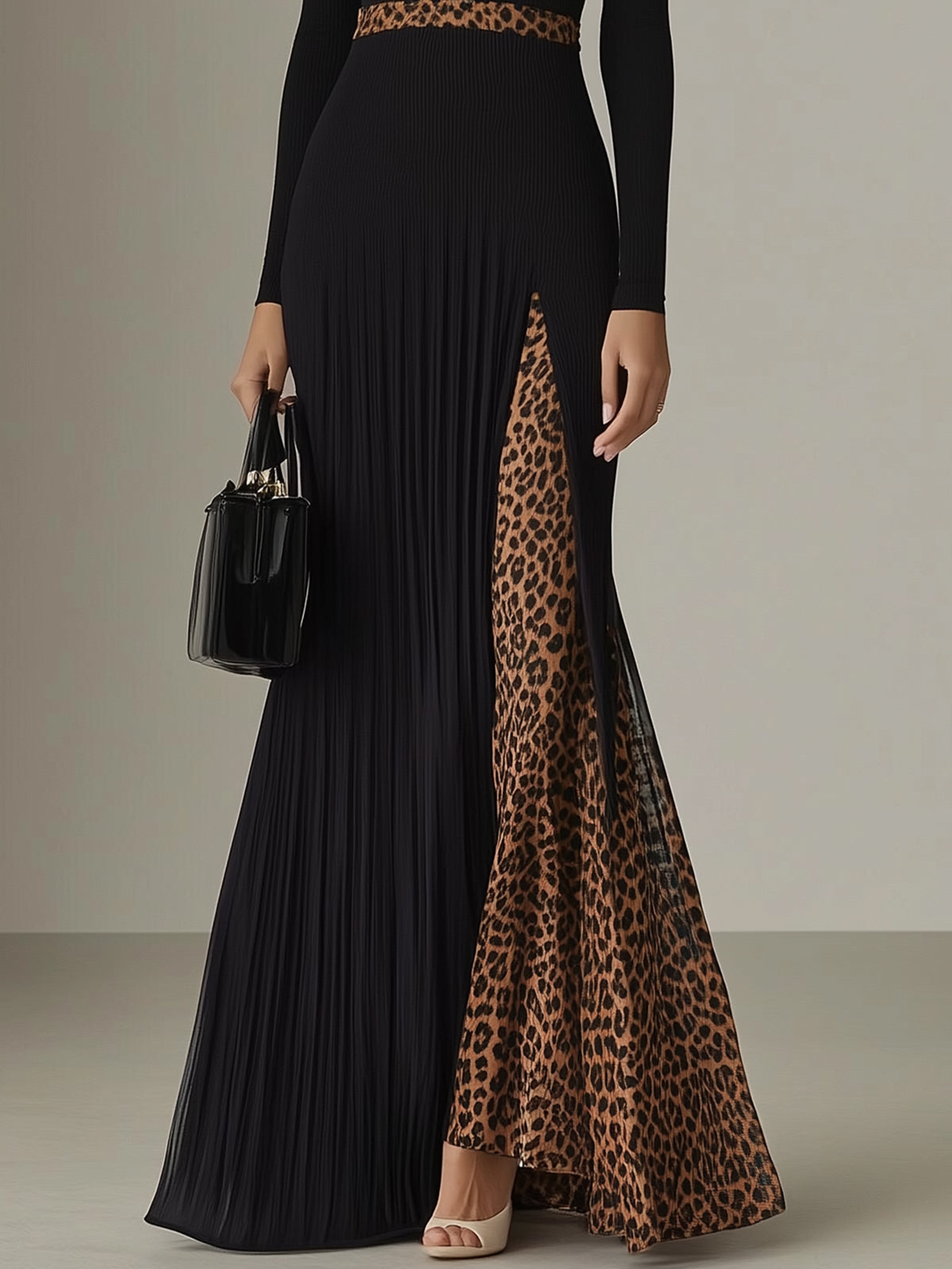 Black Pleated Maxi Dress With Leopard Print Accents