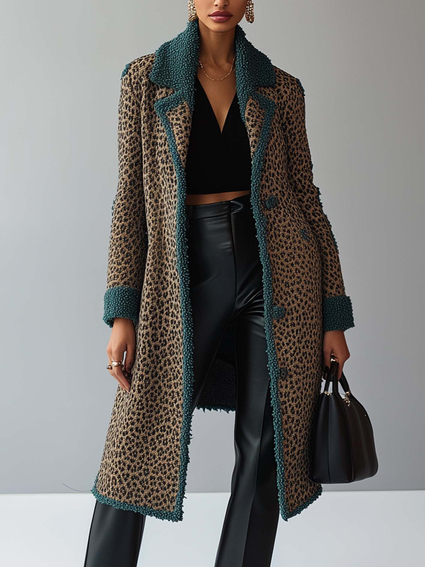 Leopard Print Knitted Cardigan With Teal Lapel Trim