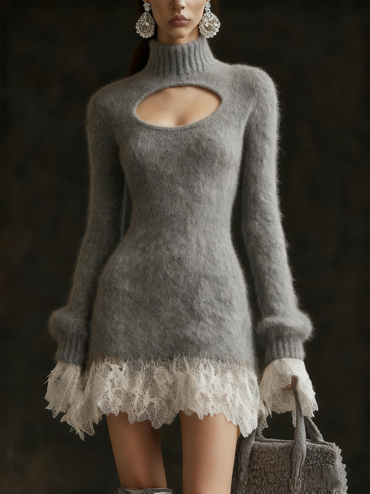 Gray Fuzzy Knit Dress With Lace Trim And Keyhole Detail