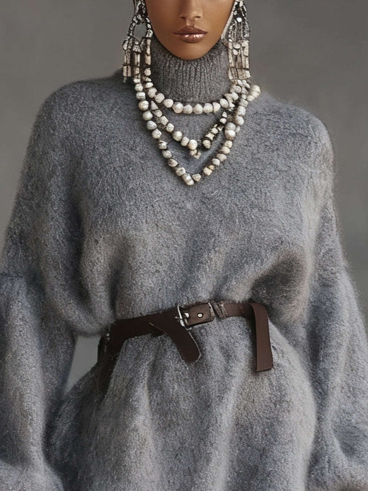 Gray Fuzzy Knit Turtleneck Dress With Balloon Sleeves And Belt