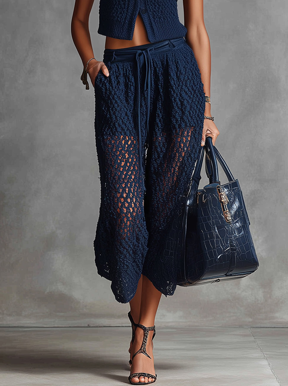 Navy Textured Knit Cropped Vest And Wide-Leg Pants Set
