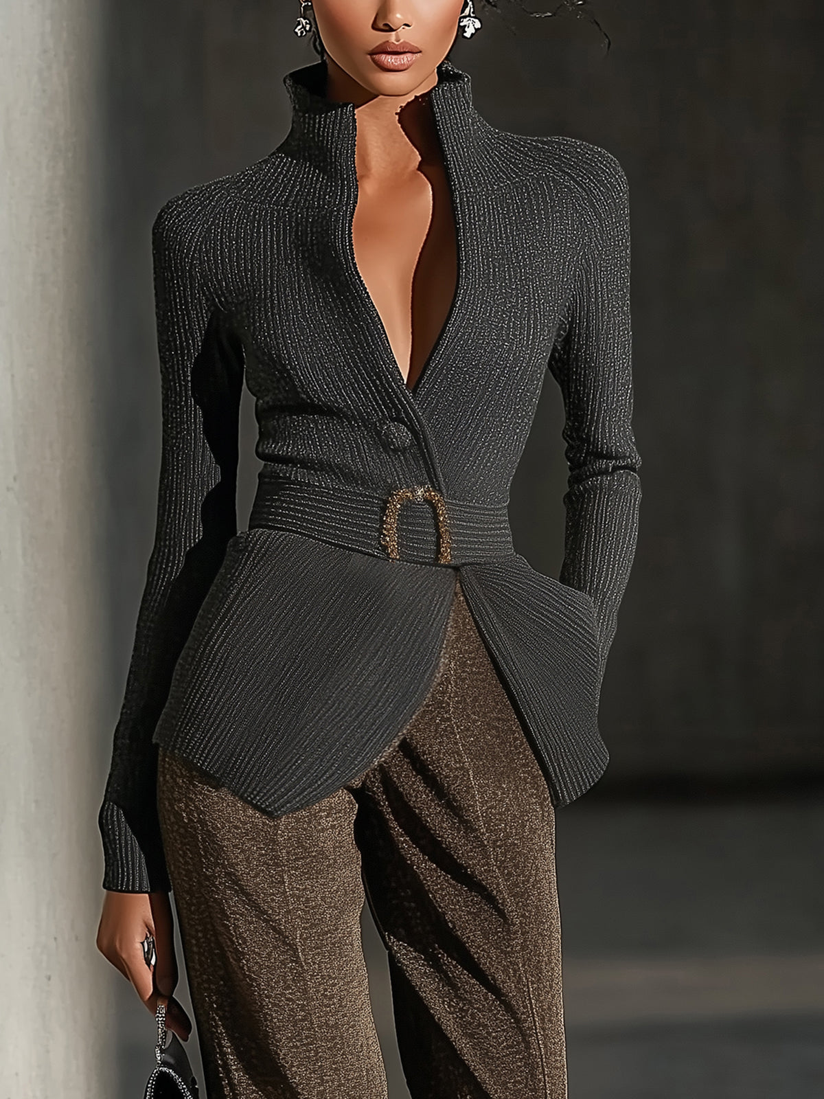 Black Ribbed High Neck Belted Knit Jacket
