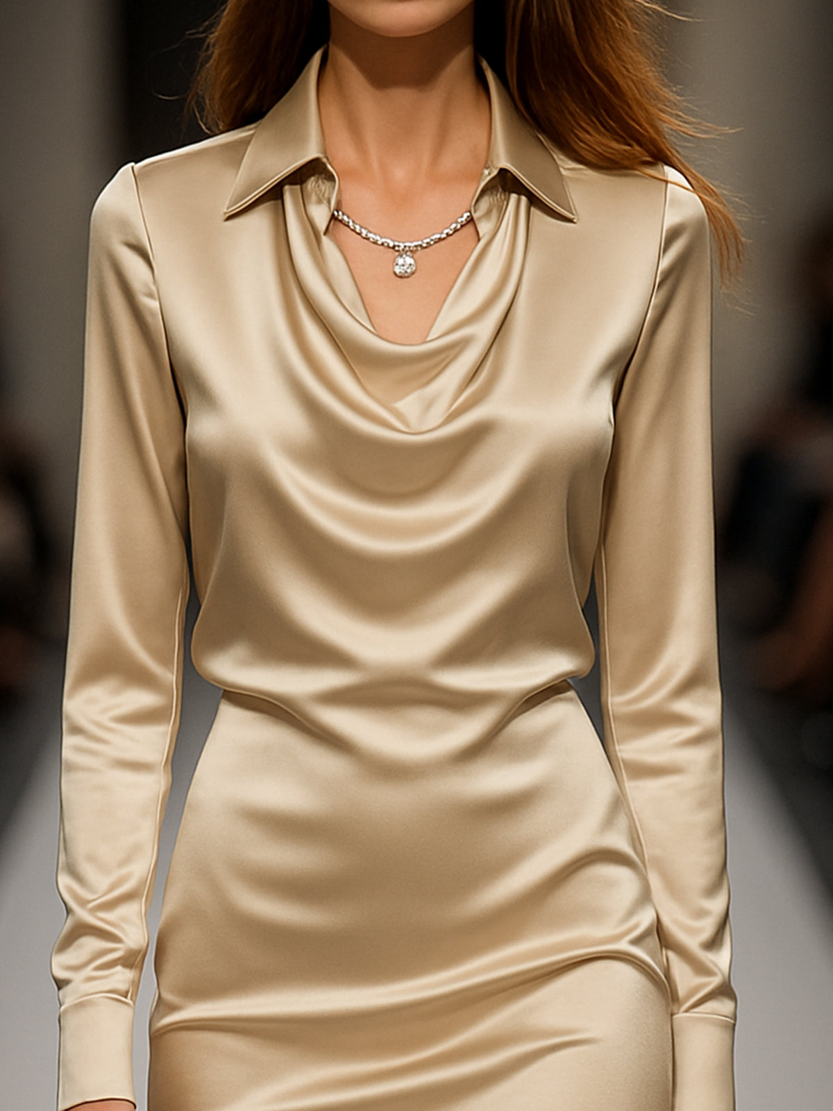 Champagne Satin Cowl Neck Dress With Long Sleeves