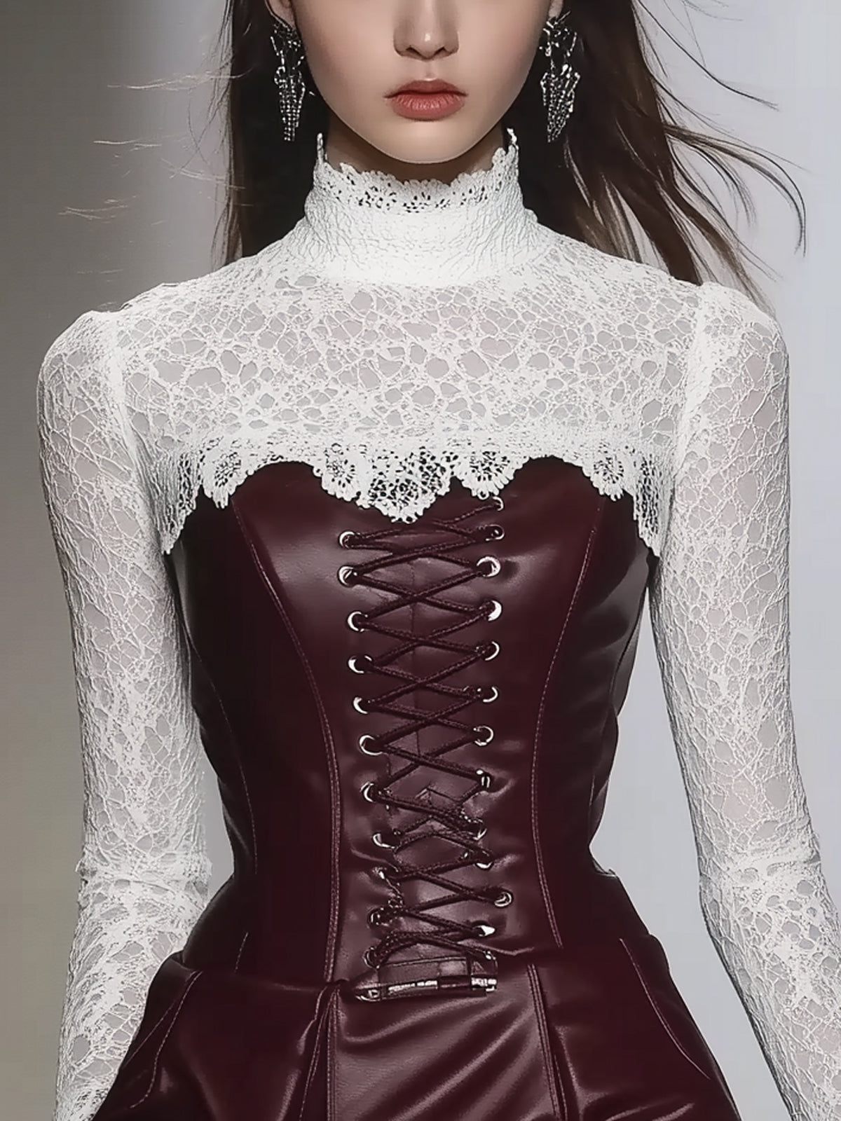 Red Faux Leather Fitted And Flared High Neck Long Sleeve Mini Dress