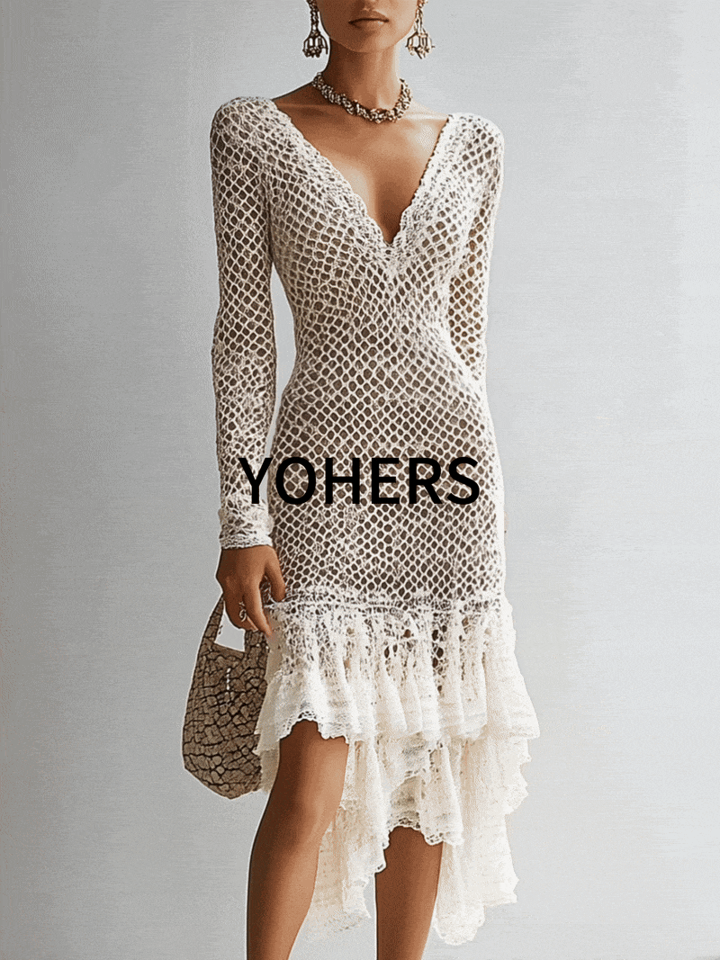 Ivory Crochet Panel Lace Ruffle V-Neck Bodycon Dress