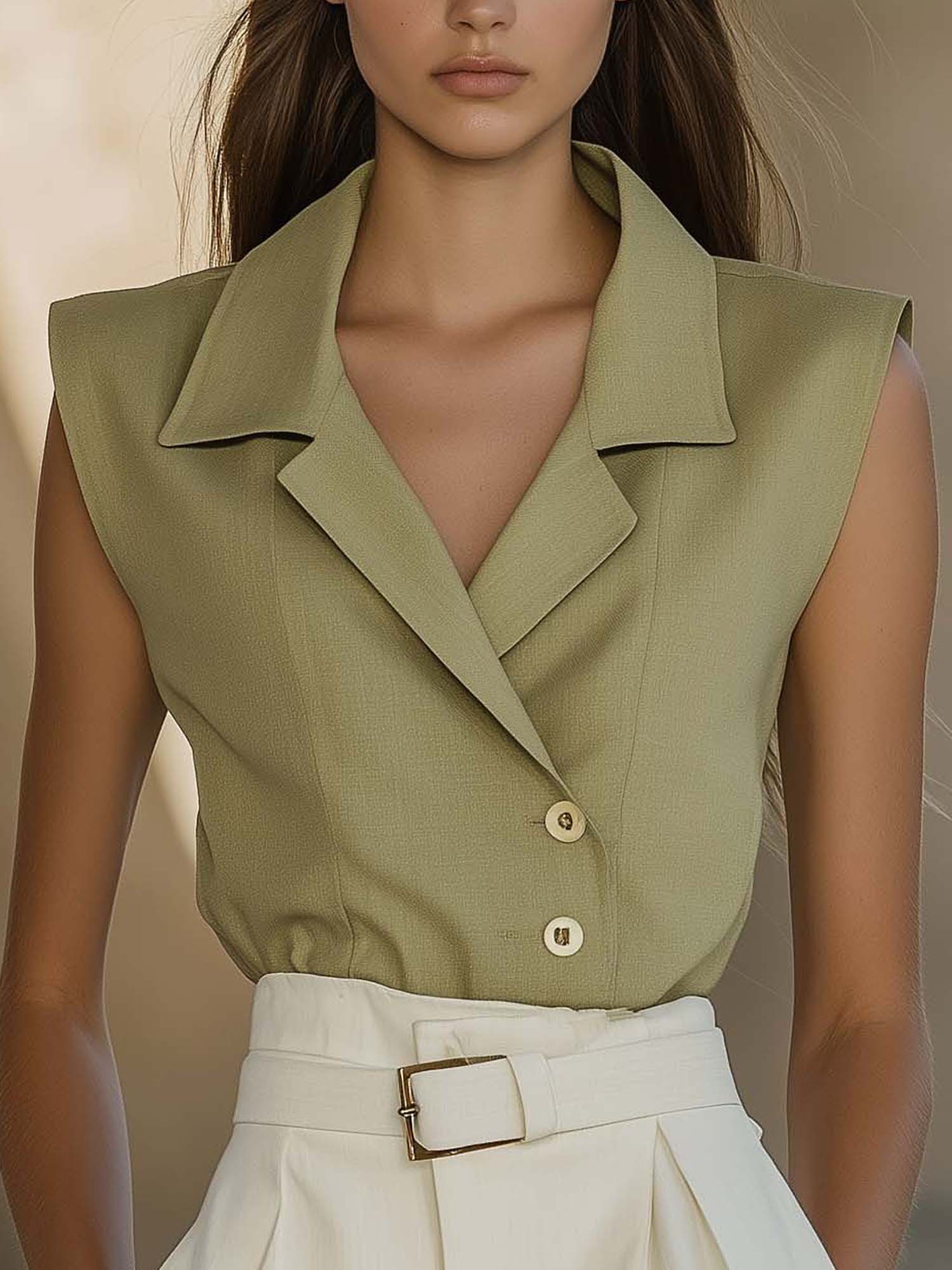 Light Green Cotton And Linen Blouse With Gold Buttons