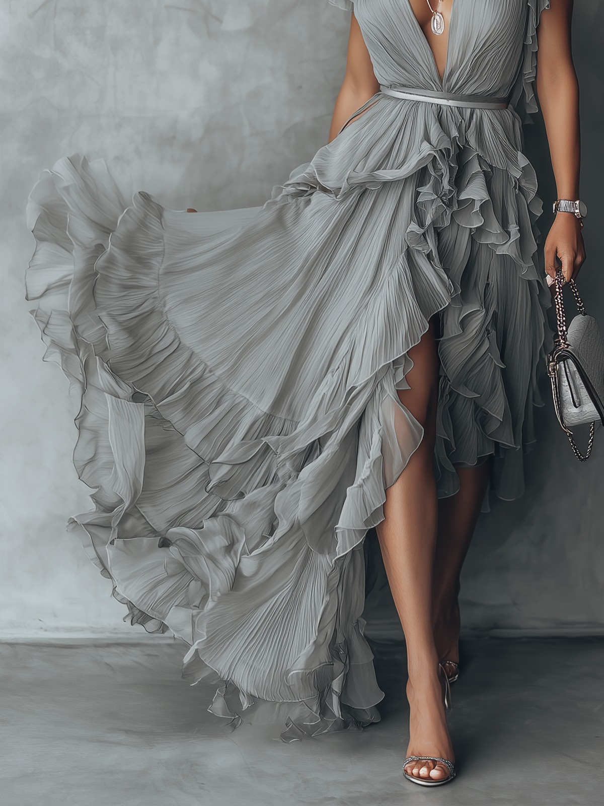 Gray Pleated Ruffle Chiffon Wrap Maxi Dress