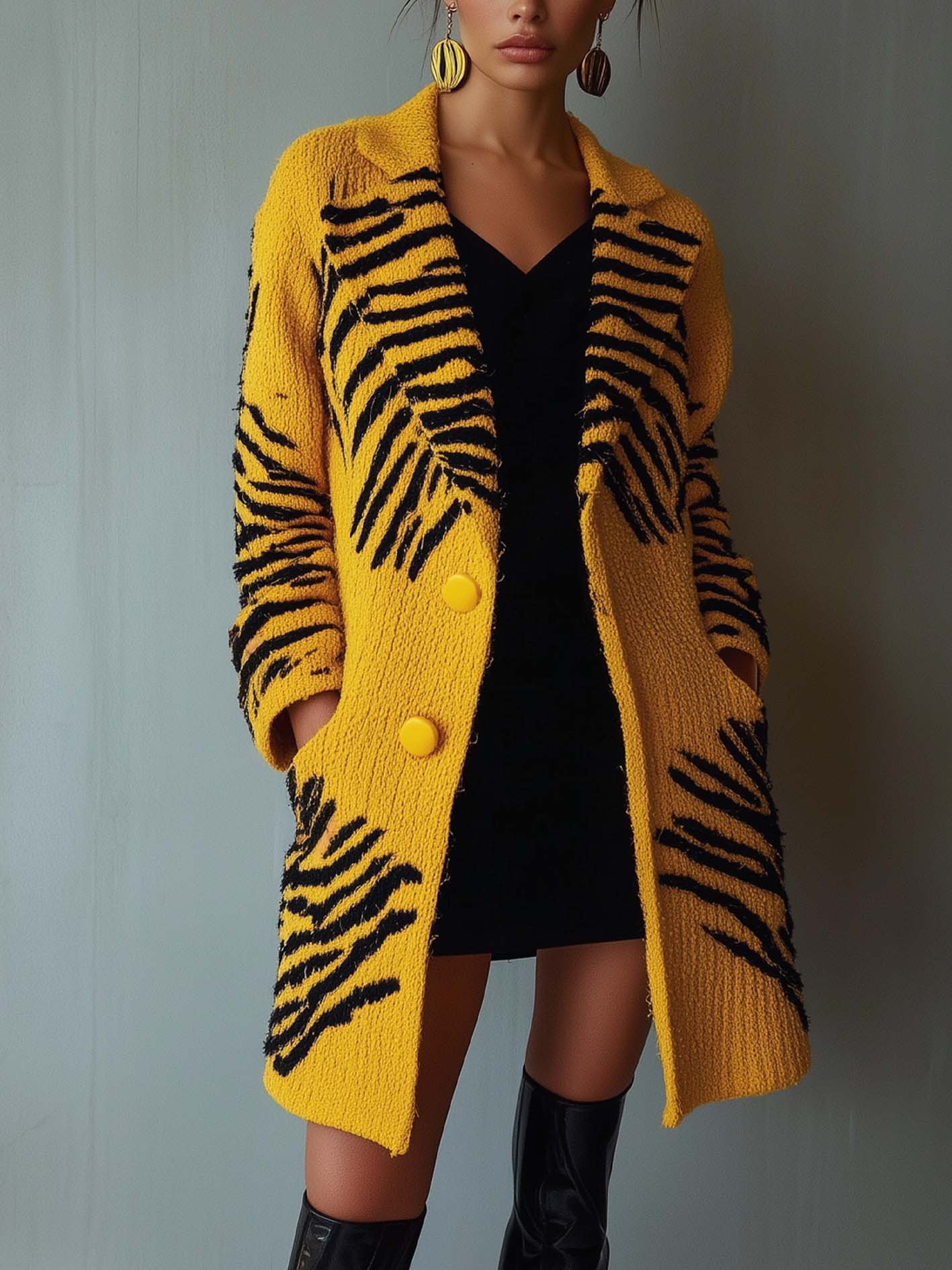 Yellow Knitted Cardigan With Zebra Print