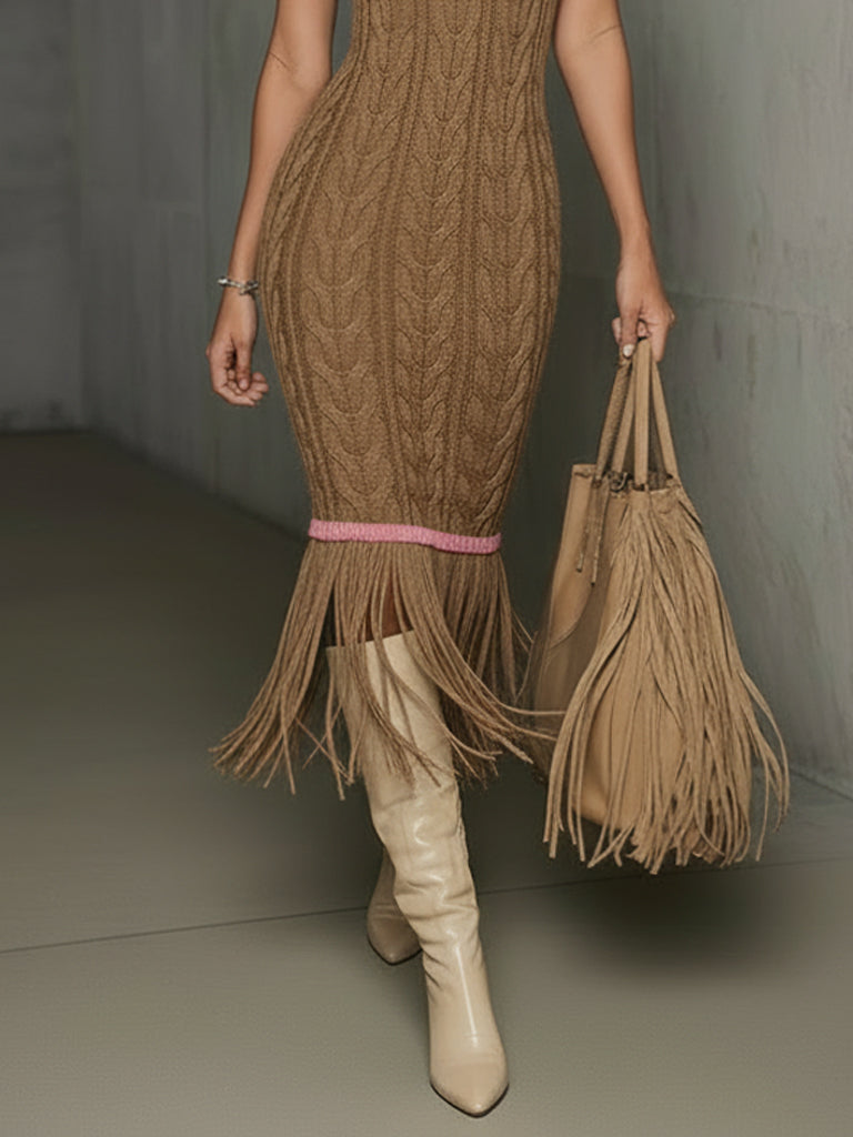 Khaki Sleeveless Turtleneck Knit Dress With Pink Trim And Fringe Hem