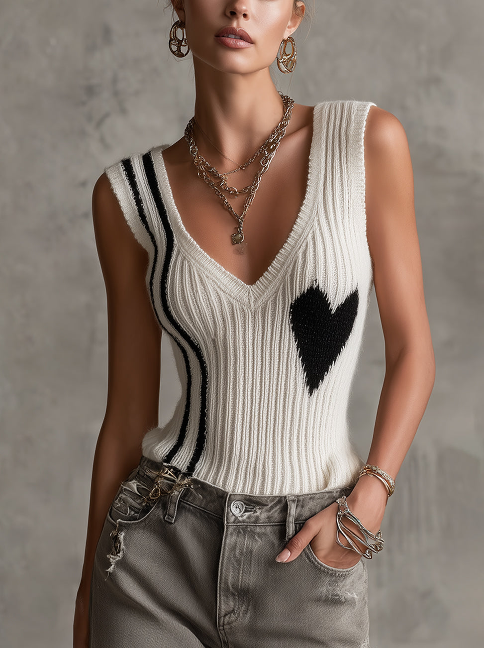 White Ribbed Knit Sleeveless Heart Pattern V-Neck Vest